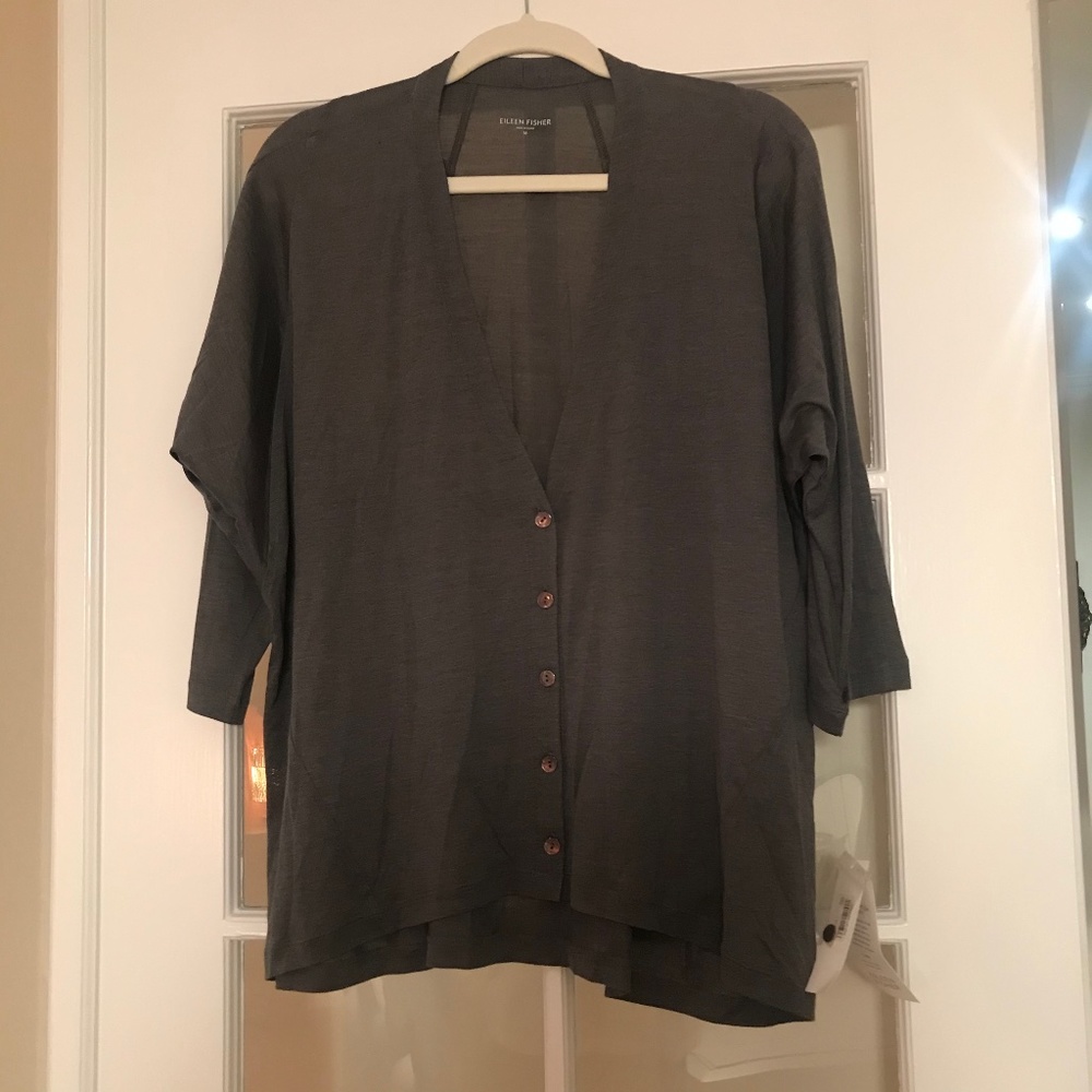 EILEEN FISHER SILK COTTON JERSEY GRAY LIGHTWEIGHT CARDIGAN SWEATER, SIZE MEDIUM